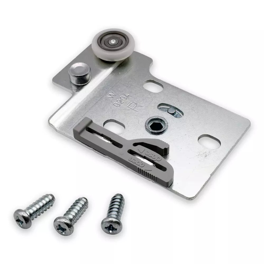 Replacement part kit for IKEA PAX wardrobe with HASVIK sliding doors. Includes 1 bottom roller assembly 124336 and 3 mounting screws 105307.