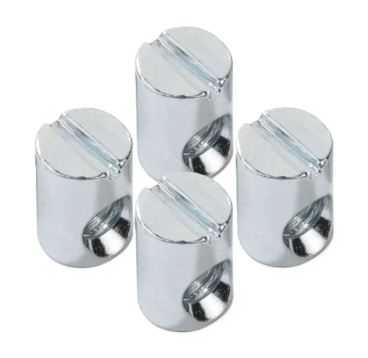Pack of 4 M6 barrel nuts 100514 for IKEA furniture. Replacement hardware used for connecting and securing bed frames, tables, or chairs.
