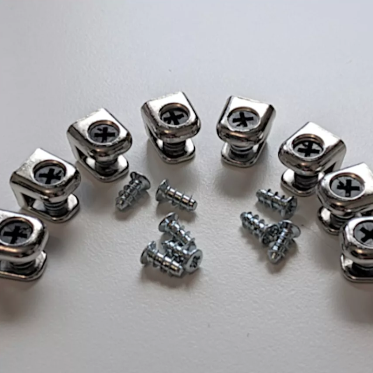 Kit for IKEA BESTÅ glass shelves. Includes 8 metal support pins 114996 and 8 mounting screws 113928. For installing your glass shelving.